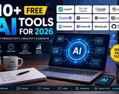 10+ Free AI Tools for 2026 featuring ChatGPT, Google Gemini, Claude, Copilot, Canva AI, Leonardo AI, CapCut, Perplexity AI, Notion AI, GitHub Copilot, Gamma AI, and ElevenLabs for productivity, coding, design, and content creation.