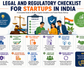 Legal and Regulatory Checklist for Startups in India infographic showing company registration, Startup India DPIIT recognition, GST registration, legal compliance, licenses, intellectual property protection, contracts, taxation, cybersecurity, and annual compliance for Indian startups.