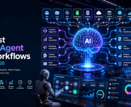 Best n8n AI Agent Workflows in 2026 featuring AI-powered workflow automation connecting CRM, email, analytics, databases, and business applications.