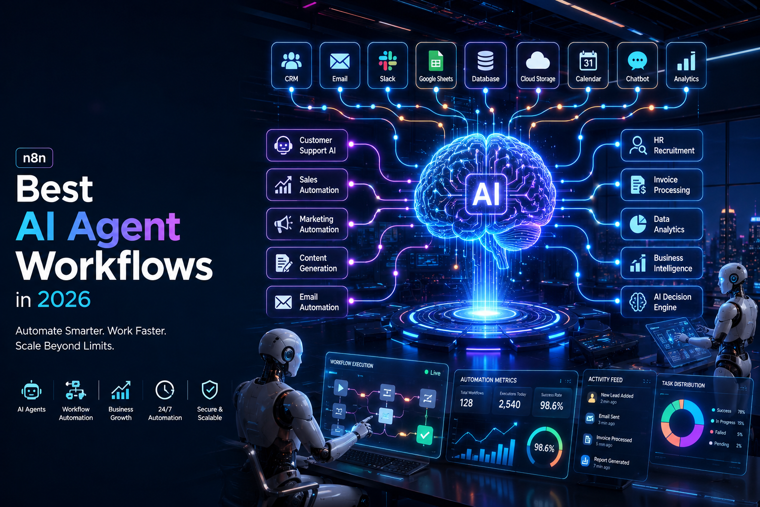 Best n8n AI Agent Workflows in 2026 featuring AI-powered workflow automation connecting CRM, email, analytics, databases, and business applications.