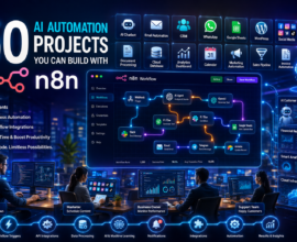 50 AI automation projects built with n8n workflow automation platform showing AI agents, business automation, workflow nodes, cloud integrations, and intelligent process automation dashboard.