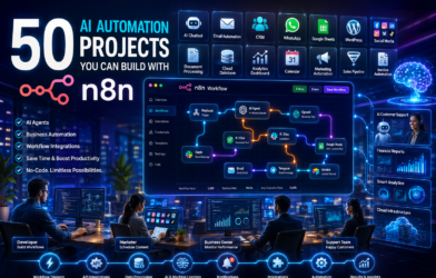 50 AI automation projects built with n8n workflow automation platform showing AI agents, business automation, workflow nodes, cloud integrations, and intelligent process automation dashboard.
