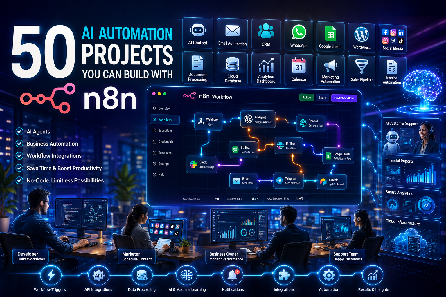 50 AI automation projects built with n8n workflow automation platform showing AI agents, business automation, workflow nodes, cloud integrations, and intelligent process automation dashboard.