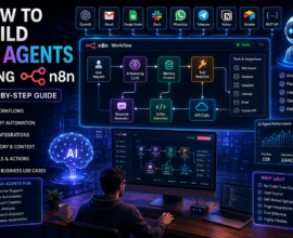 How to build AI agents using n8n with AI workflow automation, OpenAI integration, memory, APIs, business tools, and intelligent automation dashboard.