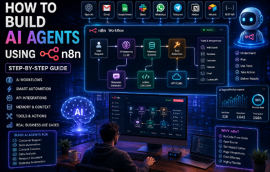 How to build AI agents using n8n with AI workflow automation, OpenAI integration, memory, APIs, business tools, and intelligent automation dashboard.