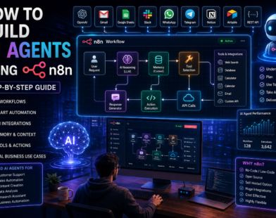 How to build AI agents using n8n with AI workflow automation, OpenAI integration, memory, APIs, business tools, and intelligent automation dashboard.