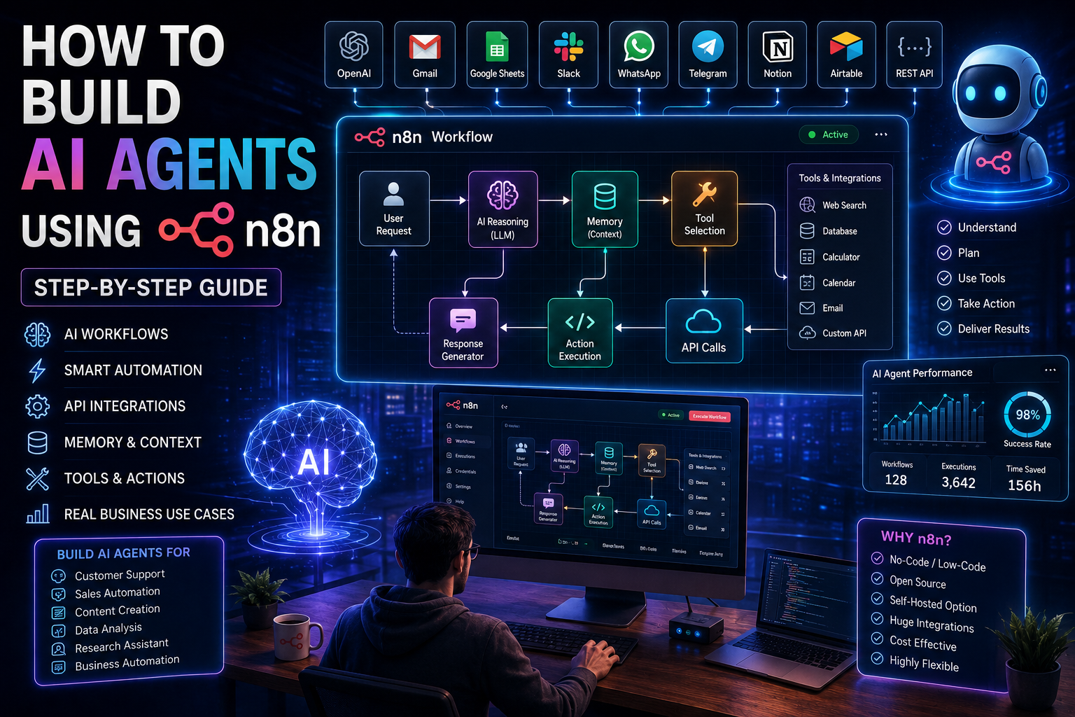 How to build AI agents using n8n with AI workflow automation, OpenAI integration, memory, APIs, business tools, and intelligent automation dashboard.