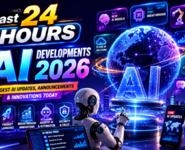 Last 24 Hours AI Developments 2026 featured image showing a futuristic AI robot interacting with a holographic world map, live AI news dashboard, AI chip, robotics, cloud computing, cybersecurity, generative AI, and global artificial intelligence innovations.