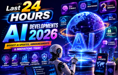 Last 24 Hours AI Developments 2026 featured image showing a futuristic AI robot interacting with a holographic world map, live AI news dashboard, AI chip, robotics, cloud computing, cybersecurity, generative AI, and global artificial intelligence innovations.