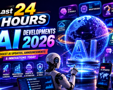 Last 24 Hours AI Developments 2026 featured image showing a futuristic AI robot interacting with a holographic world map, live AI news dashboard, AI chip, robotics, cloud computing, cybersecurity, generative AI, and global artificial intelligence innovations.
