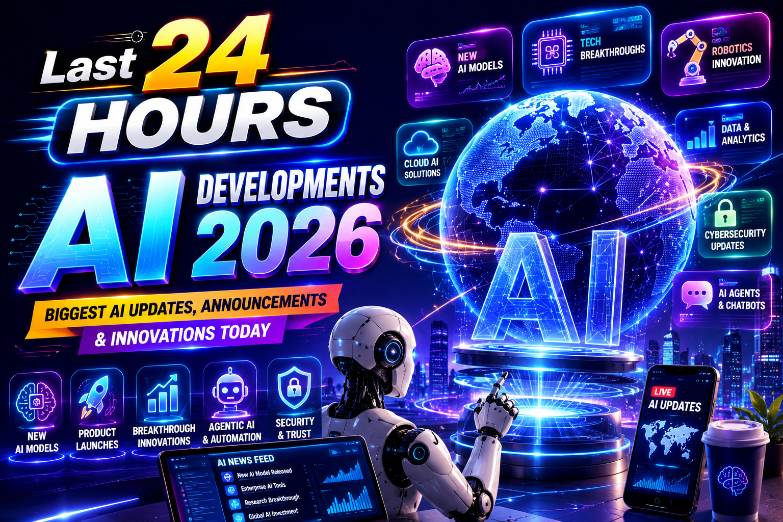 Last 24 Hours AI Developments 2026 featured image showing a futuristic AI robot interacting with a holographic world map, live AI news dashboard, AI chip, robotics, cloud computing, cybersecurity, generative AI, and global artificial intelligence innovations.