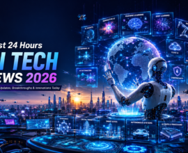 Last 24 Hours AI Tech News 2026 featured image showing a futuristic AI robot interacting with a holographic globe, AI dashboards, machine learning, generative AI, robotics, cloud AI, cybersecurity, quantum computing, and smart city technology.