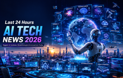 Last 24 Hours AI Tech News 2026 featured image showing a futuristic AI robot interacting with a holographic globe, AI dashboards, machine learning, generative AI, robotics, cloud AI, cybersecurity, quantum computing, and smart city technology.