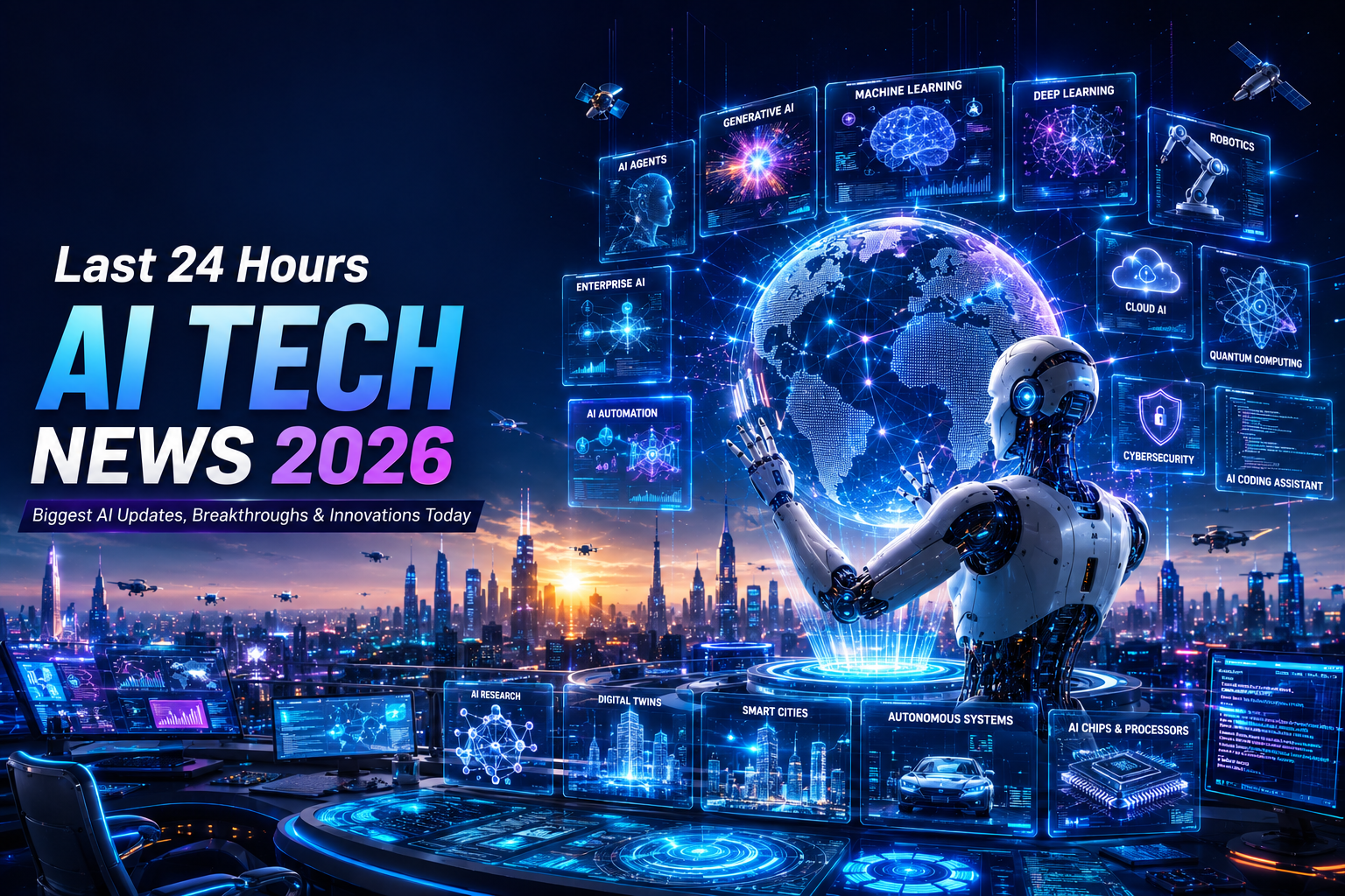 Last 24 Hours AI Tech News 2026 featured image showing a futuristic AI robot interacting with a holographic globe, AI dashboards, machine learning, generative AI, robotics, cloud AI, cybersecurity, quantum computing, and smart city technology.