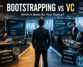 Bootstrapping vs VC startup funding comparison showing founder choosing between self-funded growth and venture capital