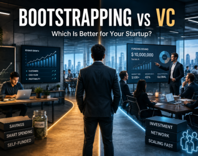 Bootstrapping vs VC startup funding comparison showing founder choosing between self-funded growth and venture capital