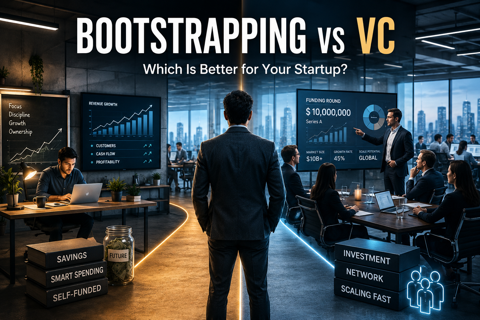 Bootstrapping vs VC startup funding comparison showing founder choosing between self-funded growth and venture capital