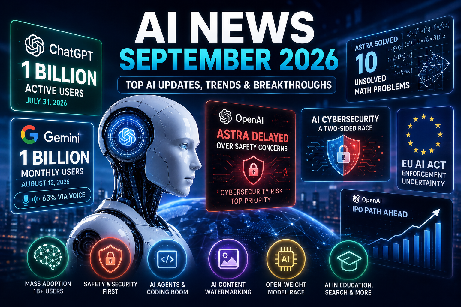 AI News September 2026 featuring ChatGPT and Gemini 1 billion users, AI agents, cybersecurity, EU AI Act, and latest AI trends