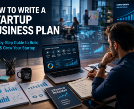 How to write a startup business plan with business strategy, market research, funding, and growth planning