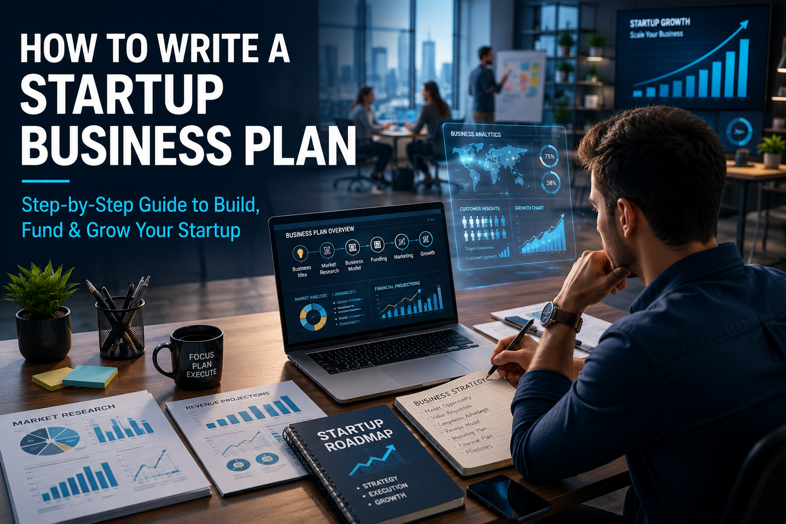How to write a startup business plan with business strategy, market research, funding, and growth planning