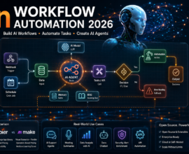 n8n workflow automation 2026 with AI agents, visual workflows, API tools, RAG, memory, and self-hosted automation