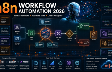 n8n workflow automation 2026 with AI agents, visual workflows, API tools, RAG, memory, and self-hosted automation