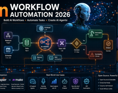 n8n workflow automation 2026 with AI agents, visual workflows, API tools, RAG, memory, and self-hosted automation