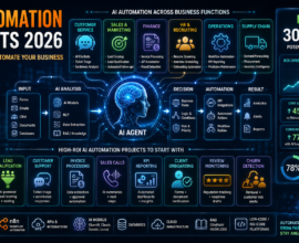 AI automation projects 2026 featuring high-ROI business automation, AI agents, customer service, sales, finance, HR, operations, and workflow automation