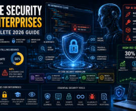 AI code security for enterprises in 2026 showing AI-generated code vulnerabilities, security scanning, human code review, access control, and secure CI/CD