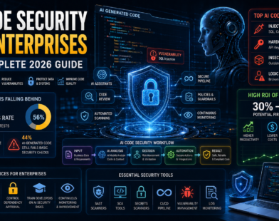 AI code security for enterprises in 2026 showing AI-generated code vulnerabilities, security scanning, human code review, access control, and secure CI/CD