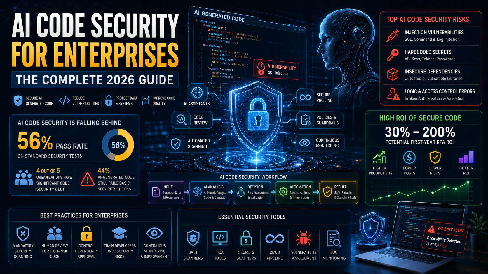 AI code security for enterprises in 2026 showing AI-generated code vulnerabilities, security scanning, human code review, access control, and secure CI/CD