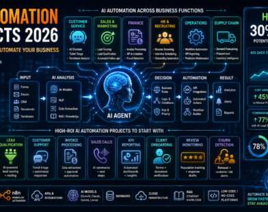 AI automation projects 2026 featuring high-ROI business automation, AI agents, customer service, sales, finance, HR, operations, and workflow automation
