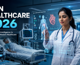 AI in Healthcare 2026 showing a doctor using artificial intelligence for medical diagnosis and patient care