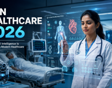 AI in Healthcare 2026 showing a doctor using artificial intelligence for medical diagnosis and patient care