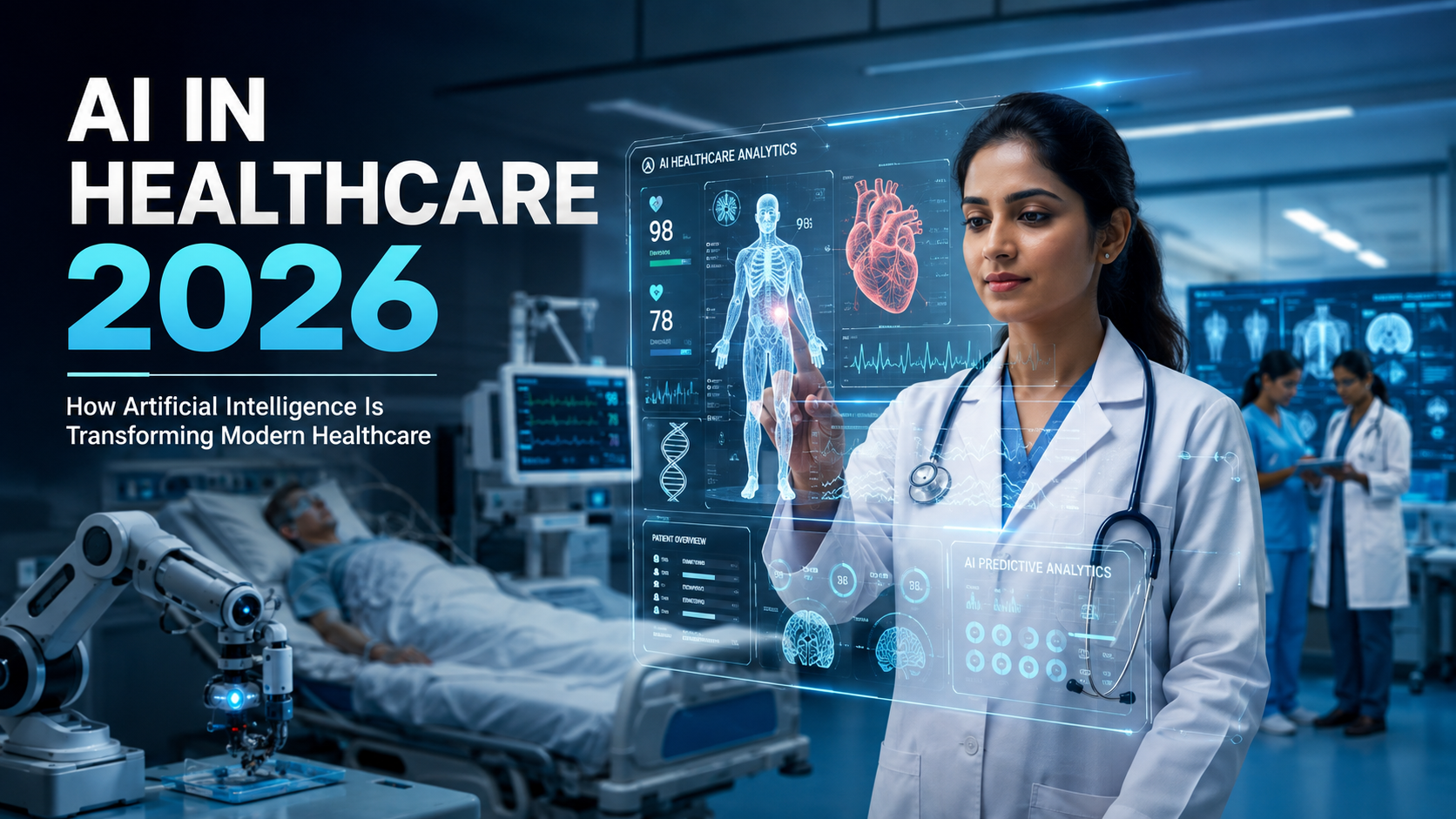 AI in Healthcare 2026 showing a doctor using artificial intelligence for medical diagnosis and patient care