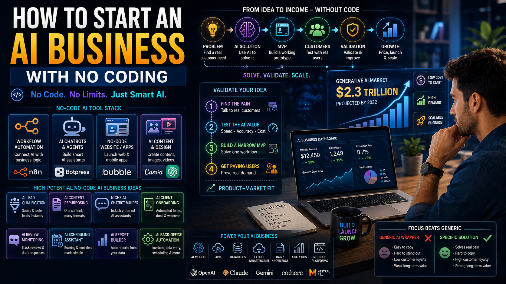 How to start an AI business with no coding using no-code AI tools, workflow automation, AI chatbots, MVP validation, and customer testing