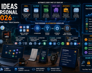 n8n ideas for personal use 2026 showing AI automation for email, calendar, personal finance, smart home, job search, and news