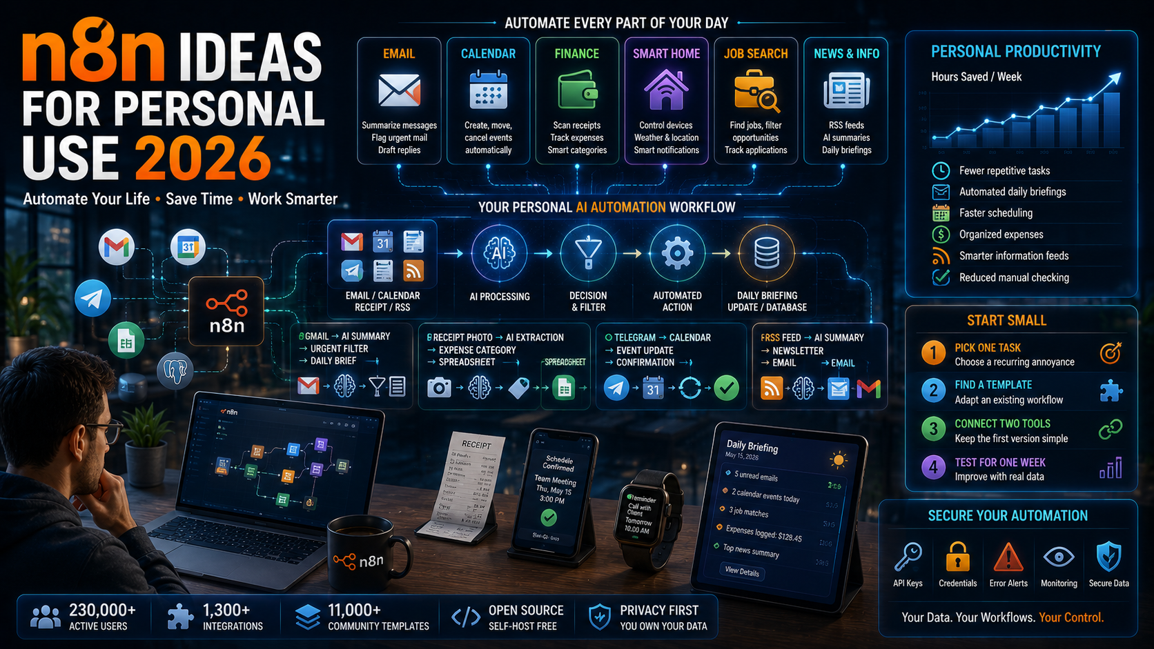 n8n ideas for personal use 2026 showing AI automation for email, calendar, personal finance, smart home, job search, and news