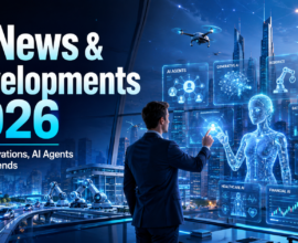 AI News and Developments 2026 featured image showing a business professional interacting with a holographic AI assistant in a futuristic smart city with AI agents, robotics, cloud computing, cybersecurity, generative AI, and data analytics dashboards.