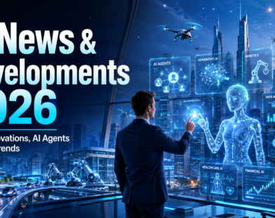 AI News and Developments 2026 featured image showing a business professional interacting with a holographic AI assistant in a futuristic smart city with AI agents, robotics, cloud computing, cybersecurity, generative AI, and data analytics dashboards.