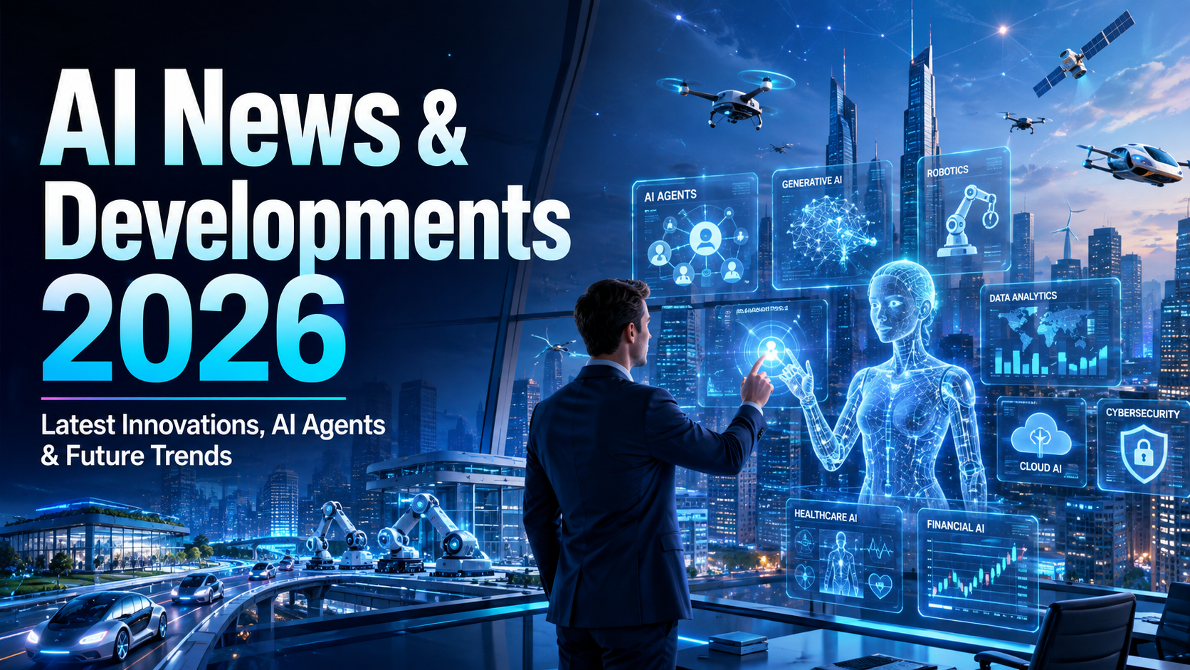 AI News and Developments 2026 featured image showing a business professional interacting with a holographic AI assistant in a futuristic smart city with AI agents, robotics, cloud computing, cybersecurity, generative AI, and data analytics dashboards.