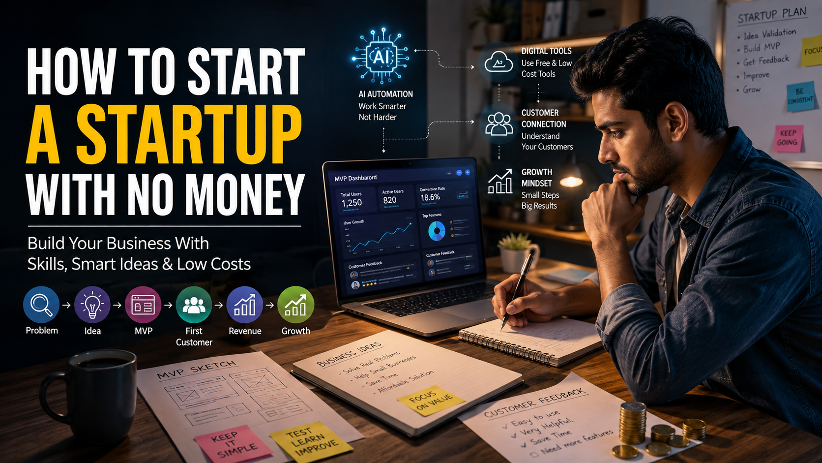 How to start a startup with no money using an MVP, free tools, first customers, and low-cost business strategies