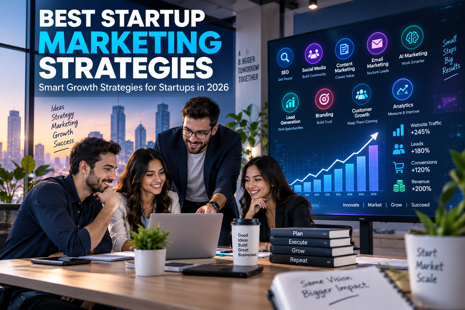 Best startup marketing strategies for business growth in 2026 with SEO, social media, content marketing, AI marketing, and lead generation
