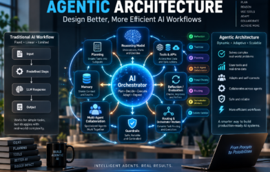 Agentic architecture AI workflow with reasoning model, planning, tools, memory, orchestration, and multi-agent collaboration