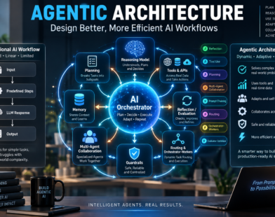 Agentic architecture AI workflow with reasoning model, planning, tools, memory, orchestration, and multi-agent collaboration