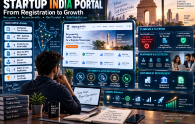 Startup India Portal registration process showing DPIIT recognition, startup benefits, funding, mentorship, and business growth