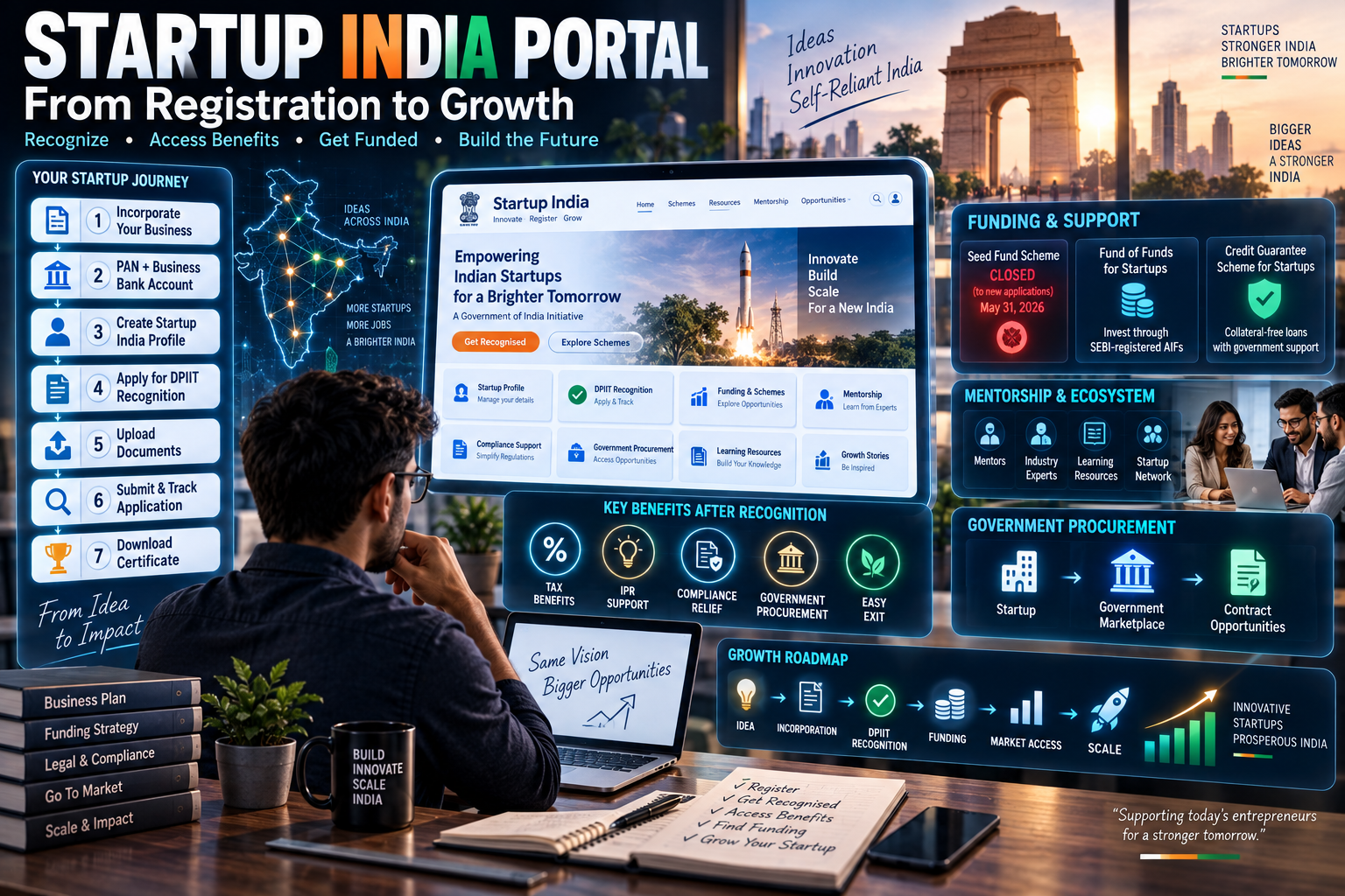 Startup India Portal registration process showing DPIIT recognition, startup benefits, funding, mentorship, and business growth