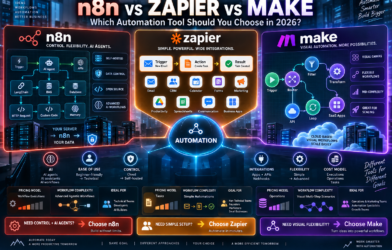 n8n vs Zapier vs Make comparison showing AI agents, workflow automation, integrations, self-hosting, flexibility, and pricing models in 2026