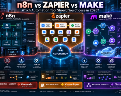 n8n vs Zapier vs Make comparison showing AI agents, workflow automation, integrations, self-hosting, flexibility, and pricing models in 2026