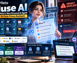 Muse AI personal AI agent by Meta showing email, calendar, travel automation, AI features, pricing, and privacy concerns